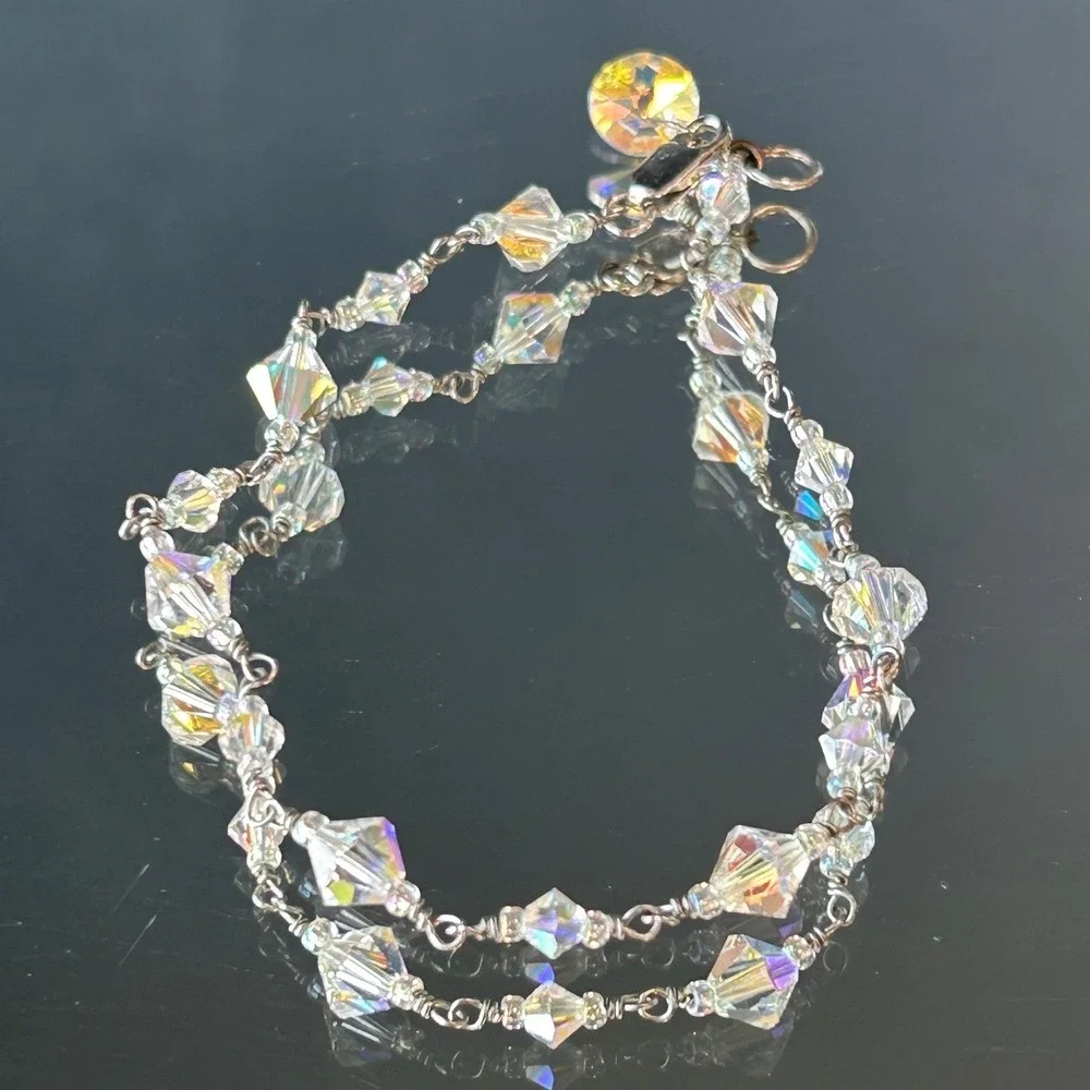 Sterling Silver AB Crystal Bicone Iridescent Beaded Bracelet 7.25 Inch Faeted